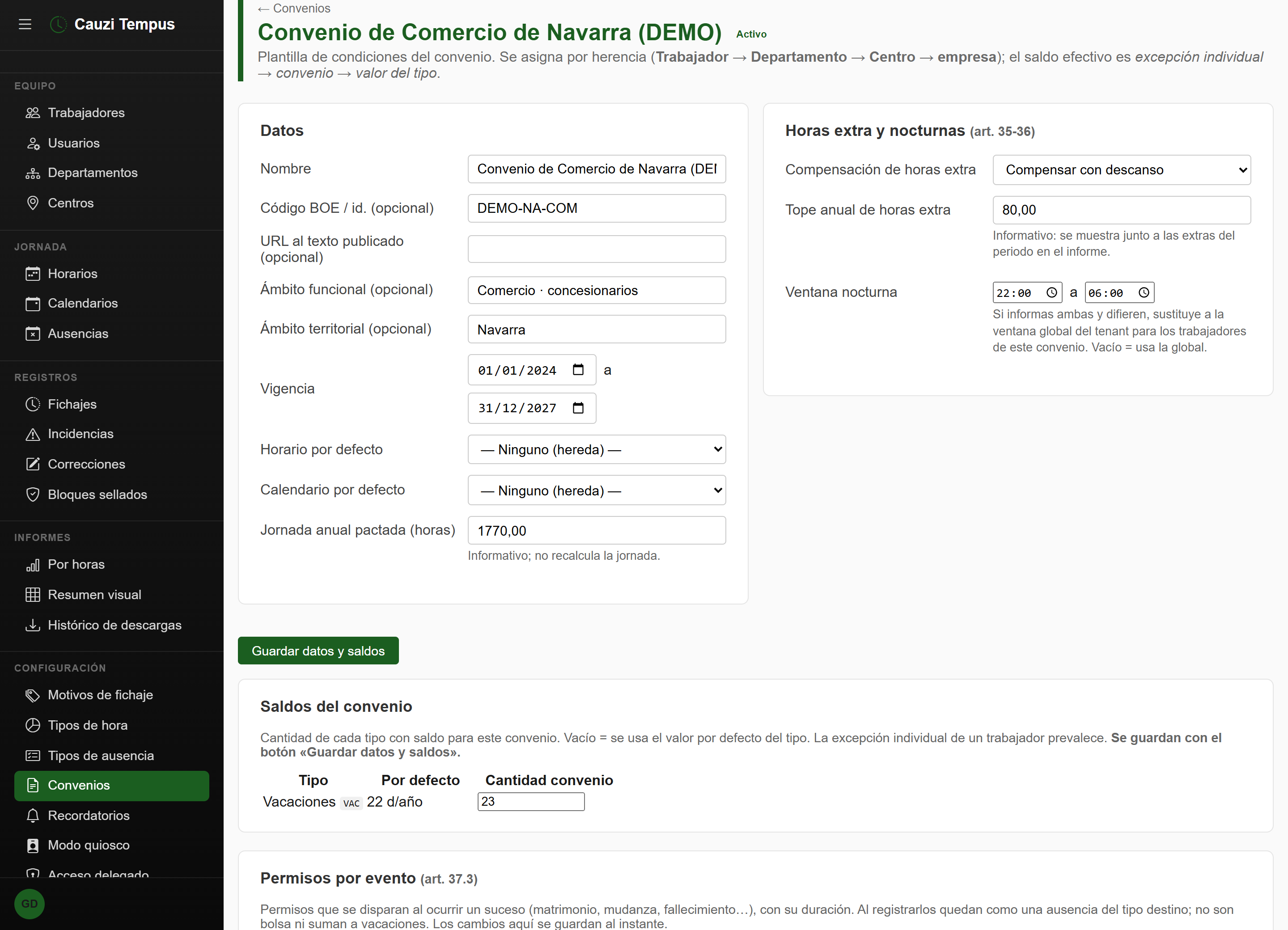 Configuración de convenios en el panel de gestión