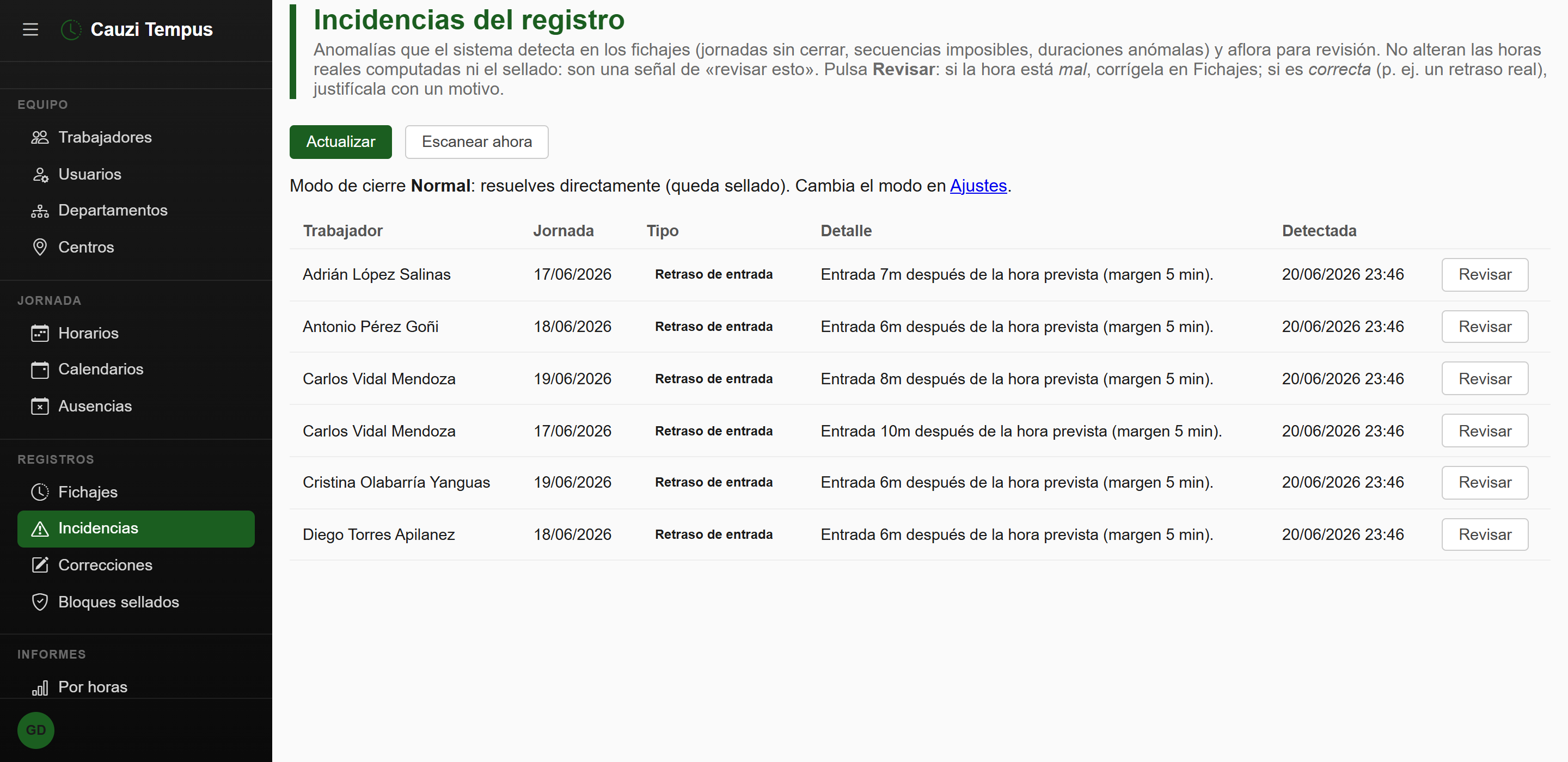 Incidencias del registro