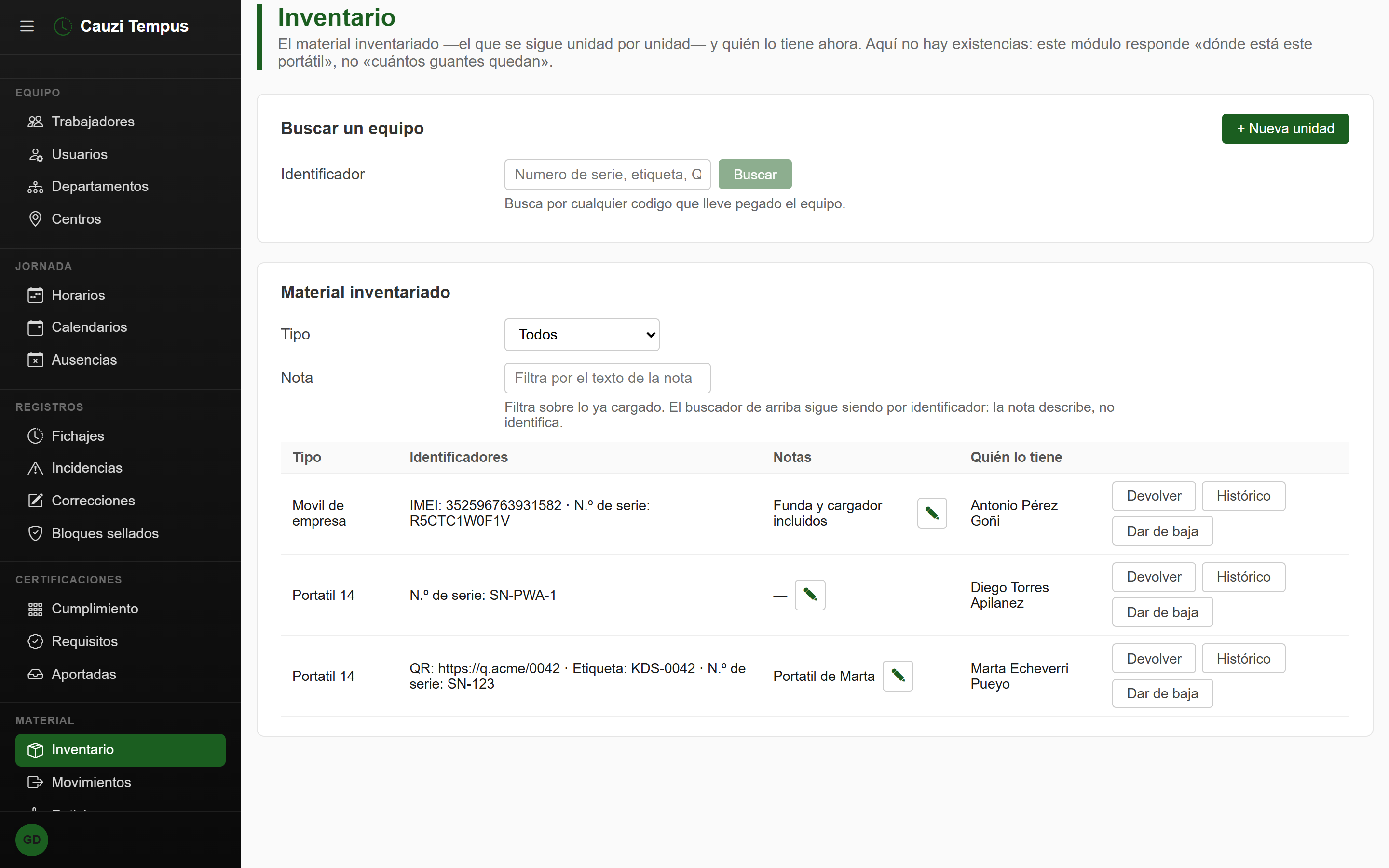 Inventario de material con quién tiene cada unidad